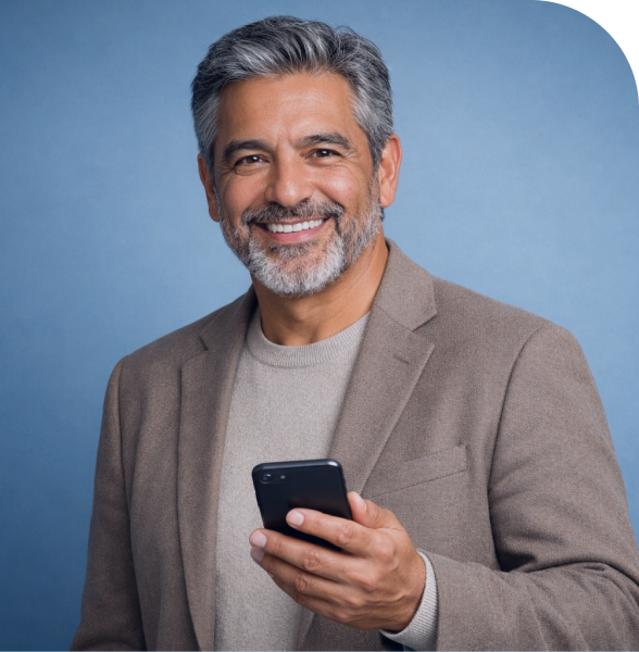 Persona sonriendo usando un teléfono móvil